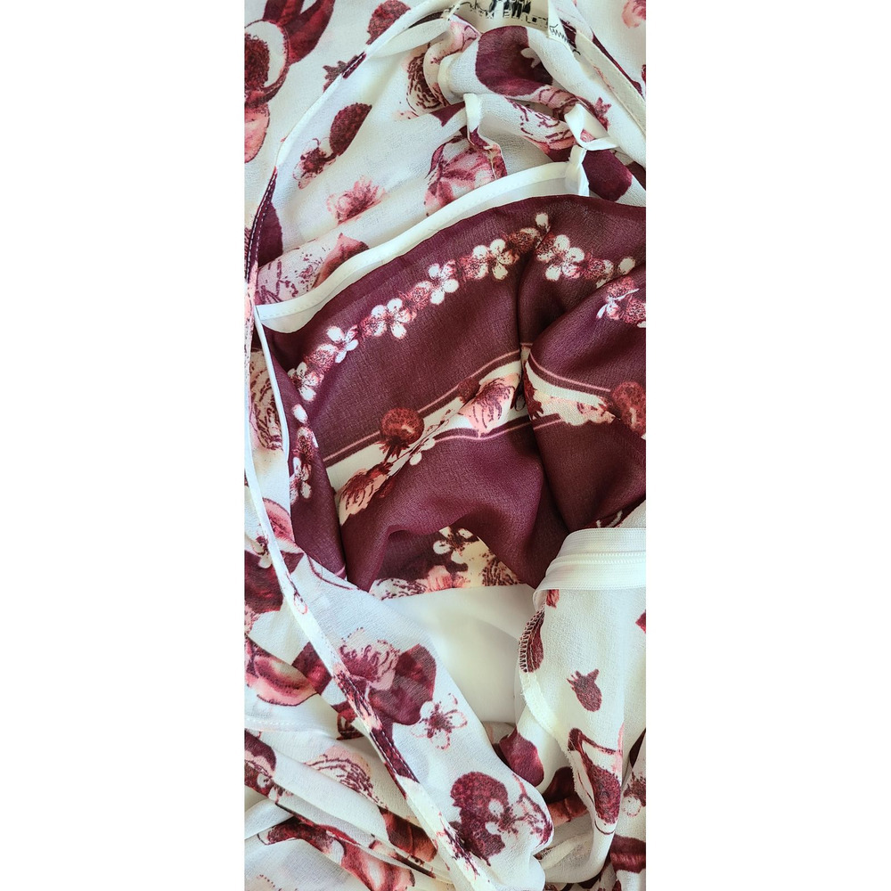 Max Studio London Floral-Print Ivory Burgundy Flounce Chiffon Dress Women Sz 0 - Picture 4 of 8
